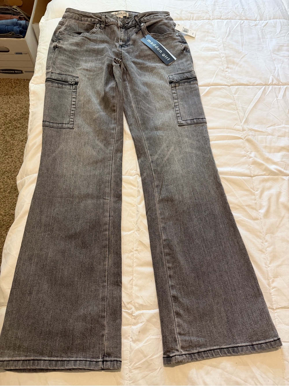 Madden Girl Gray Flare Cargo Jeans